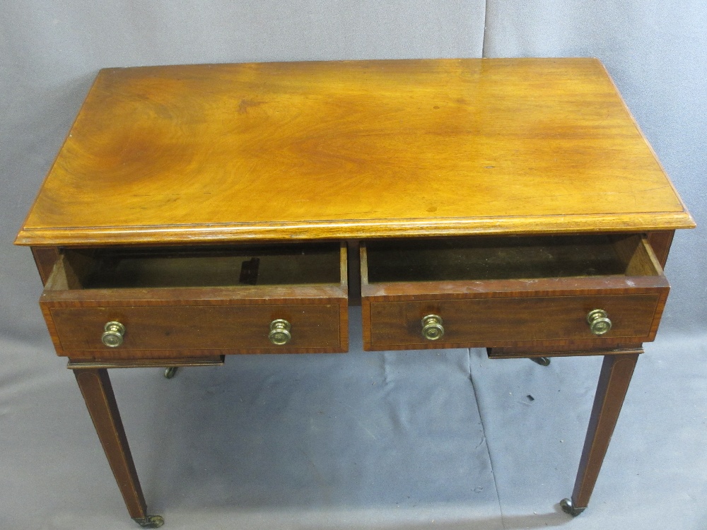 ANTIQUE MAHOGANY LADY'S DESK - with crossbanding and inlay on tapered supports, 77cms H, 92cms W, - Image 2 of 4