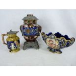 MAJOLICA POTTERY & CAST METALWARE OIL LAMP BASE, Continental Majolica style planter and a metal