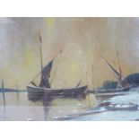 W AYRE oil believed on canvas on board - river scene with beached boats etc, signed, 37 x 54cms