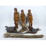 TREEN - Continental carved figures (3), 43cms tall, driftwood, Bellows and a decoy type duck