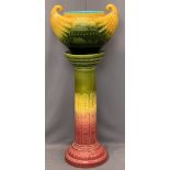 LARGE POTTERY MAJOLICA STYLE JARDINIERE - on similar style stand, 139cms overall H, 40 x 57cms the