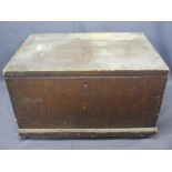 ANTIQUE PINE LIDDED CAPTAIN'S STYLE CHEST - with iron carry handles on a plinth base with metal