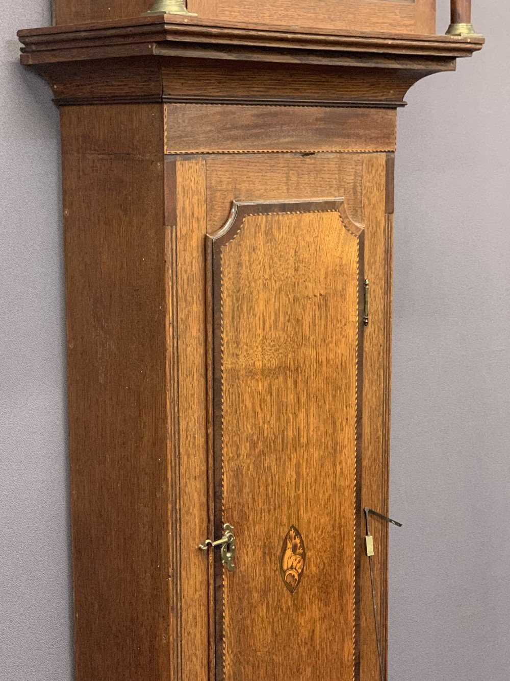 CIRCA 1840 30 HOUR INLAID OAK LONGCASE CLOCK BY J Hanbury, West Haddon, the square hood with - Image 4 of 10