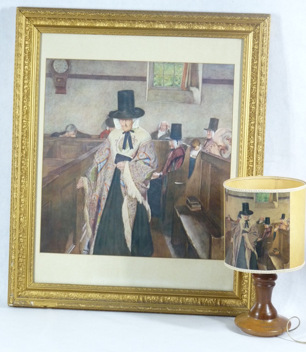 CURNOW VOSPER gilt framed print - 'Salem', 52.5 x 50.5cms along with a vintage table lamp, the shade