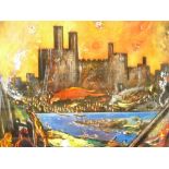 DAVID WILDE acrylic entitled - 'Siege of Caernarfon Castle by The Welsh' circa 1404, signed, 44 x