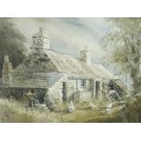 KEITH ANDREW watercolour - cottage with farmer feeding poultry, signed and dated 1984, 26 x 34cms