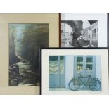 PRINTS (2) - a riverscape and bicycle outside a shop and a framed photograph - a soldier and
