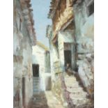 ?? CUPEROS, SPANISH SCHOOL oil on canvas - continental narrow street scene with lady figure seated