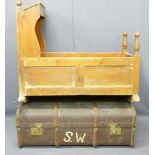 ANTIQUE PINE BABY'S CRADLE, 78cms H, 54cms max W, 90cms L and a vintage wooden banded travel
