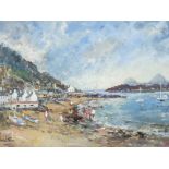 DORIS E CRIGHTON acrylic - Porthdinllaen with figures on the shore and anchored boats, signed in