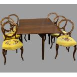 DINING TABLE & 6 CHAIRS - antique mahogany gateleg, 72cms H, 142cms W, 102cms D (open) and six