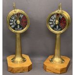 VINTAGE BRASS ENGINE ROOM TELEGRAPH LAMPS on wooden block bases, 55cms H, 18cms drum diameters