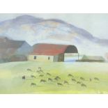 WILL ROWLANDS coloured limited edition print (16/200) - farmstead with red barn and grazing sheep,