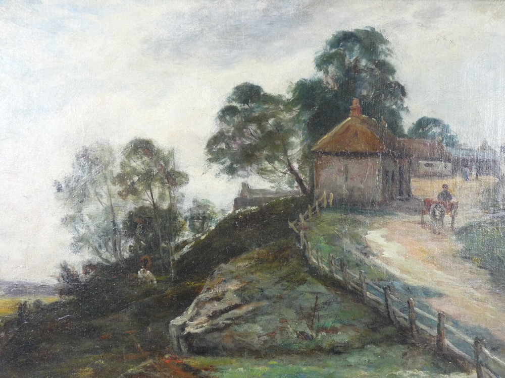 J L C DOCHERTY oil on canvas - a farm setting with landscape, 34.5 x 49.5cms