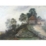 J L C DOCHERTY oil on canvas - a farm setting with landscape, 34.5 x 49.5cms