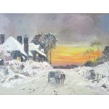 ENGLISH SCHOOL mixed media on board - snowy winter scene with horse, cart and handler on a track, 29