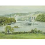 KEITH ANDREW watercolour - The Menai Straits and Suspension Bridge with mountain backdrop, signed
