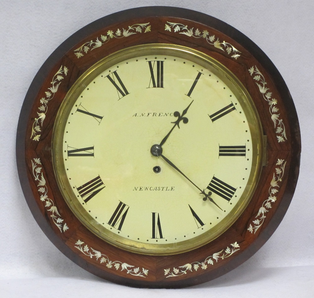 SINGLE FUSEE DROP DIAL ANTIQUE WALL CLOCK BY A N FRENCH, NEWCASTLE - Rosewood cased with mother of - Image 2 of 9