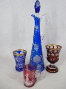 VICTORIAN & LATER GLASSWARE, 4 ITEMS to include a Cranberry tankard decorated Mary Gregory style,