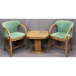 ART DECO WALNUT FURNITURE, 3 ITEMS - a pair of upholstered curved arm elbow chairs, 77cms H, 54cms