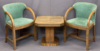 ART DECO WALNUT FURNITURE, 3 ITEMS - a pair of upholstered curved arm elbow chairs, 77cms H, 54cms