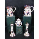 MASONS MANDALAY - candleholders, a pair, 22cms H, a graduated pair of jugs and a lidded vase