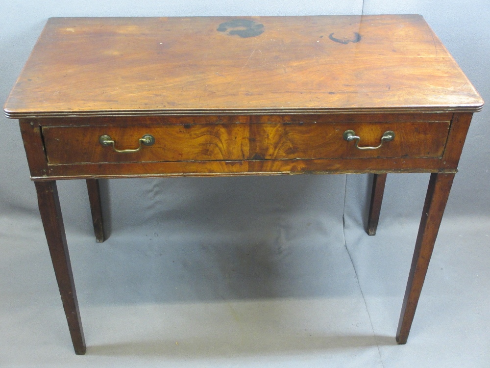 19TH CENTURY MAHOGANY SINGLE DRAWER WRITING TABLE - on tapered supports, 70cms H, 90cms W, 46cms D