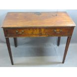 19TH CENTURY MAHOGANY SINGLE DRAWER WRITING TABLE - on tapered supports, 70cms H, 90cms W, 46cms D