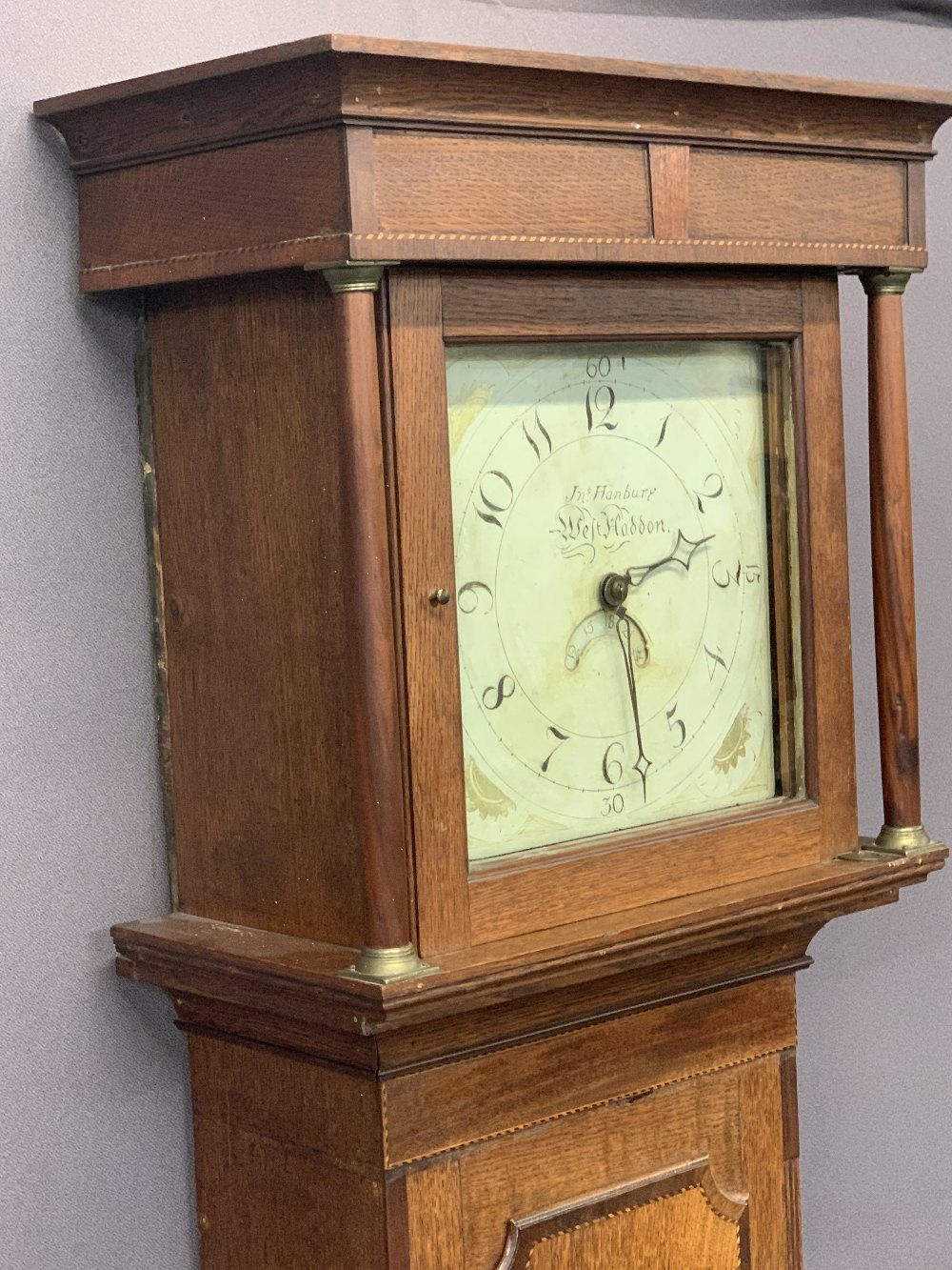 CIRCA 1840 30 HOUR INLAID OAK LONGCASE CLOCK BY J Hanbury, West Haddon, the square hood with - Image 3 of 10