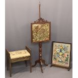 VICTORIAN MAHOGANY POLE SCREEN and a tapestry top box seat piano stool, 155cms H, 46.5cms W and