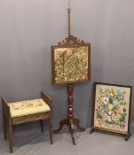 VICTORIAN MAHOGANY POLE SCREEN and a tapestry top box seat piano stool, 155cms H, 46.5cms W and