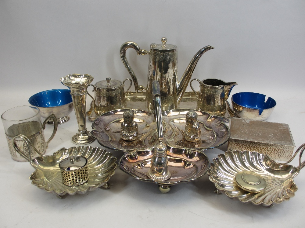 EPNS 3 PIECE COFFEE SET ON RECTANGULAR TRAY, shell shaped sweetmeat dishes, hallmarked silver bud
