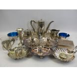 EPNS 3 PIECE COFFEE SET ON RECTANGULAR TRAY, shell shaped sweetmeat dishes, hallmarked silver bud