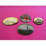 RUSSIAN BROOCHES (3) - hand painted, two city scapes, one floral and another brooch in green agate