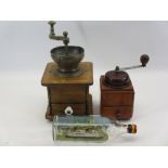 VINTAGE COFFEE GRINDERS (2) and a ship in a bottle