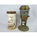 TWO 19TH CENTURY POTTERY OIL LAMP BASES - one with stylised brass base and Doulton style sgraffito