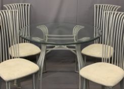 ULTRA MODERN GLASS TOP & METAL DINING TABLE & FOUR CHAIRS - 78cms H, 114cms diameter and 107cms H,