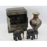 JAPANESE LACQUERWORK TABLE CABINET, 20th century Chinese cloisonne vase and a pair of carved ebony