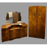 ART DECO STYLE WALNUT BEDROOM FURNITURE, 4 ITEMS to include a two door wardrobe, 72cms H, 83.5cms W,