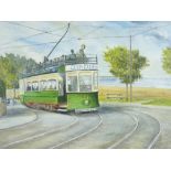 B DOYLE oil on board - a tram taking the bend at Cayley Rhos on Sea advertising Catlin Follies,