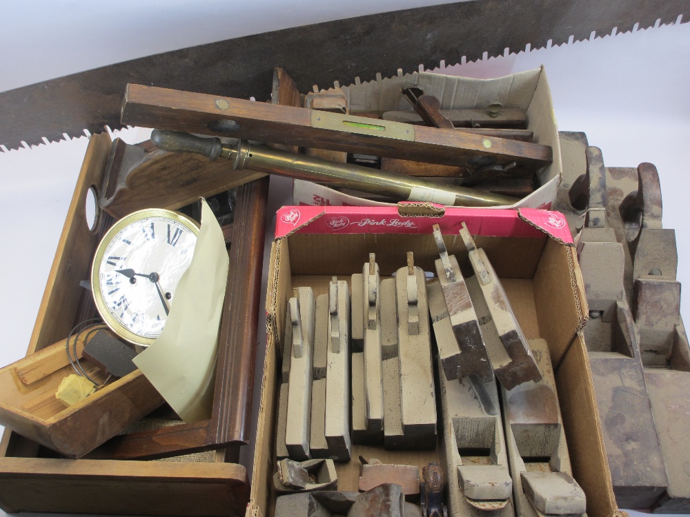 RESTORATION PROJECT WALL CLOCK, block, moulding and palm wood planes, Raybone & Sons spirit level,