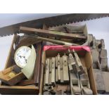 RESTORATION PROJECT WALL CLOCK, block, moulding and palm wood planes, Raybone & Sons spirit level,