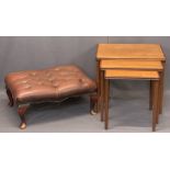 MID-CENTURY TEAK OCCASIONAL TABLES (3) and a leather effect button upholstered foot stool, 49.5cms