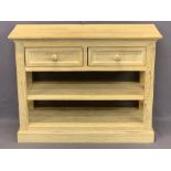 MODERN LIMED OAK TWO DRAWER, TWO SHELF SIDE STAND - with X frame side detail on a plinth base, 77cms