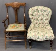VINTAGE & LATER PARLOUR CHAIRS (2) including a curved splat back armchair with tapestry seat on