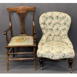 VINTAGE & LATER PARLOUR CHAIRS (2) including a curved splat back armchair with tapestry seat on