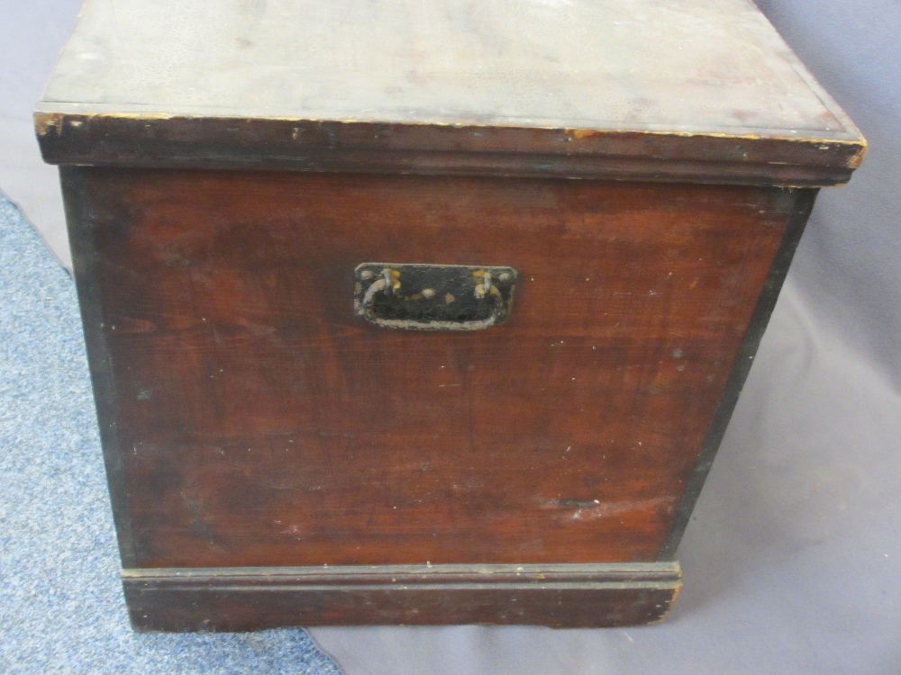 VICTORIAN PINE LIDDED CAPTAIN'S STYLE CHEST - with iron carry handles and strap hinges, interior - Image 5 of 5