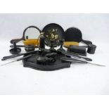 VICTORIAN & LATER EBONY DRESSING TABLE WARE including an unusual scent bottle, hand mirrors, ebony