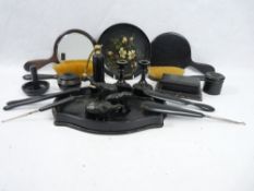 VICTORIAN & LATER EBONY DRESSING TABLE WARE including an unusual scent bottle, hand mirrors, ebony