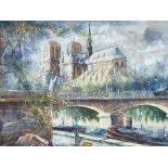 CONTINENTAL SCHOOL fine quality mixed media - scene of Notre Dame Cathedral, Paris with bridge and